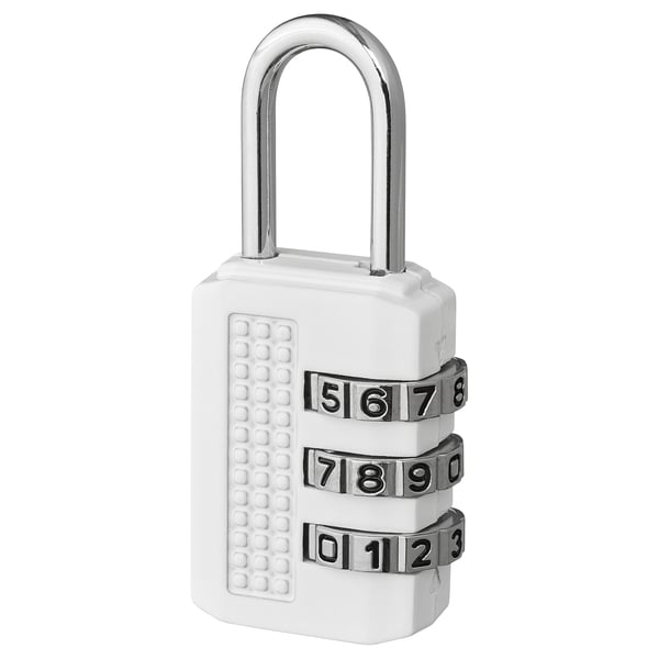 A white ELLOVEN combination padlock with a loop top, three number dials for the code, and a textured grip area.