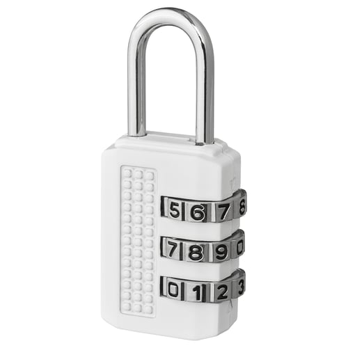 A white ELLOVEN combination padlock with a loop top, three number dials for the code, and a textured grip area.