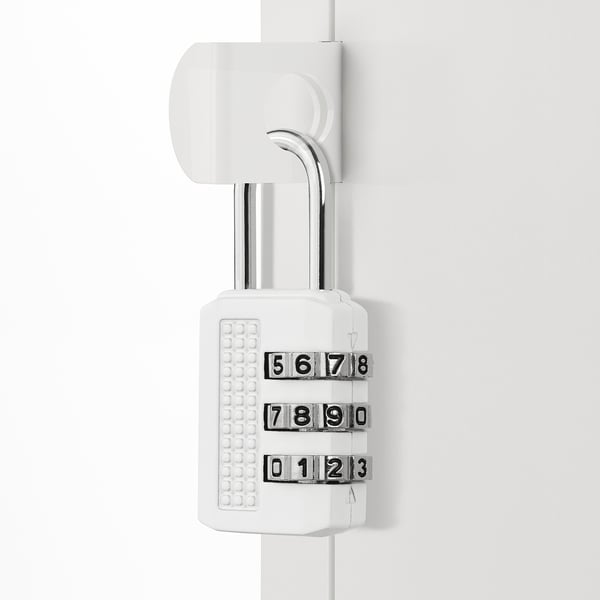 A white combination padlock with three rows of numbers, showing code 5678, 7890, and 0123. Silver shackle is open, revealing secure locking mechanism.