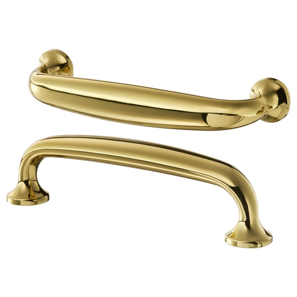 Gold-colored ENERYDA cabinet handles, sleek and curved, polished brass finish, stylish and traditional design.