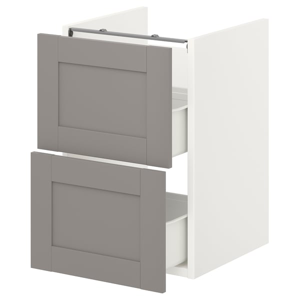 ENHET grey 2-drawer bathroom cabinet.