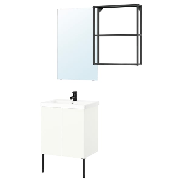 Modern white bathroom vanity with black accents and mirror. Clean, fresh style with mix of open and closed storage.