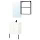 Modern white bathroom vanity with black accents and mirror. Clean, fresh style with mix of open and closed storage.