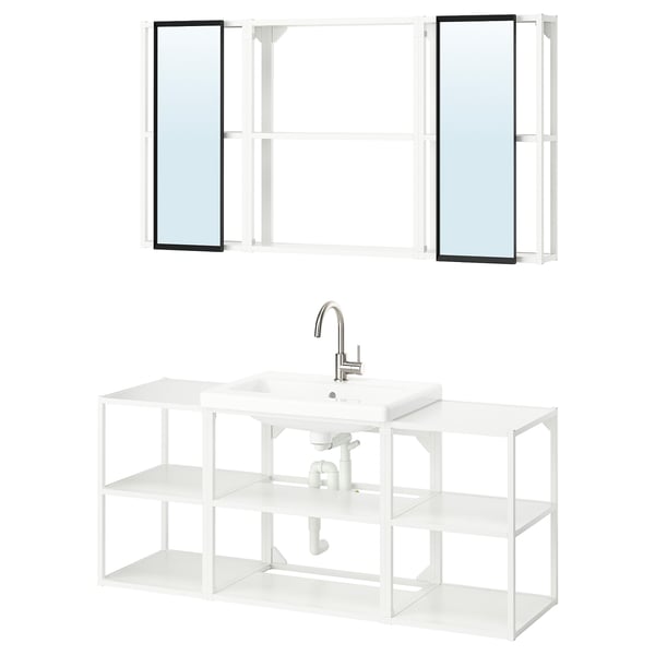 White modern bathroom setup with open shelves, mirror, and sink. Minimalist design with clean lines and steel frame.