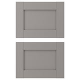 Two grey cabinet doors with simple rectangular designs and flat panels.