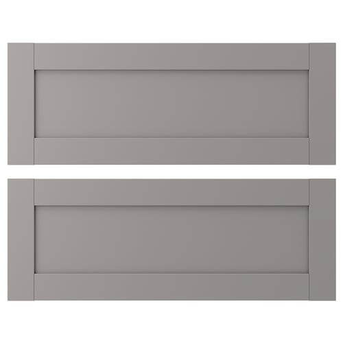Two grey ENHET drawer fronts with smooth, rectangular designs and rounded edges.