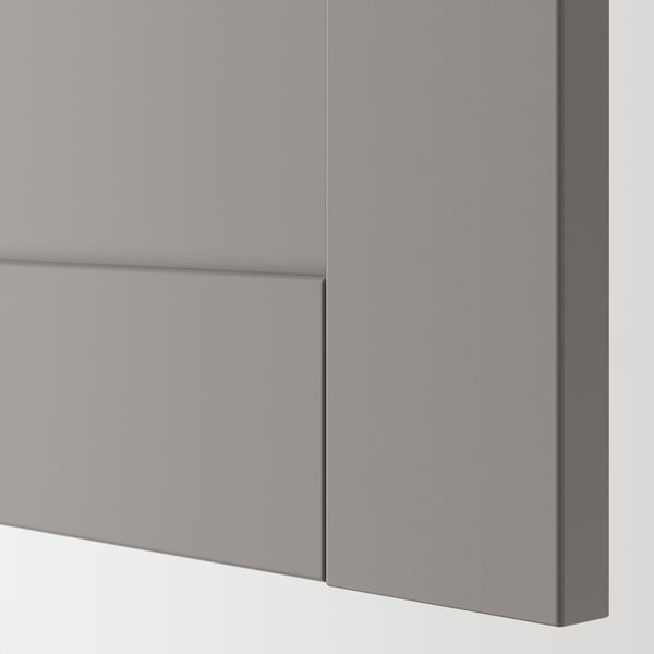 Close-up view of grey cabinet panel, smooth, sleek, high-quality finish.