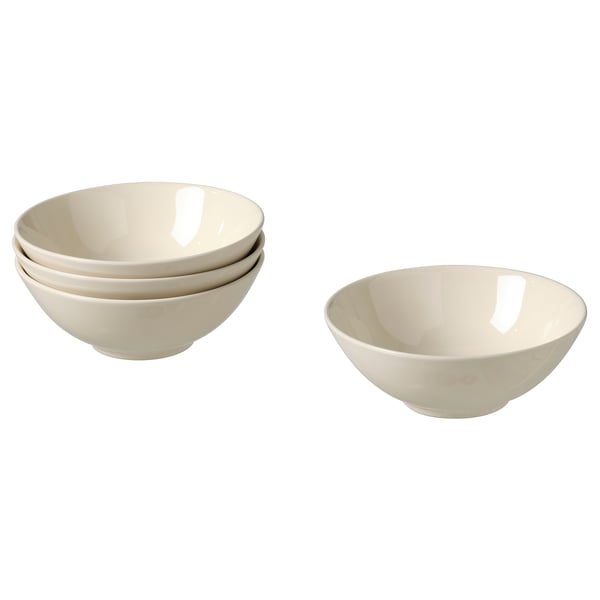 Four white ceramic bowls, three stacked, one solo; simple, round shape; plain, smooth design.