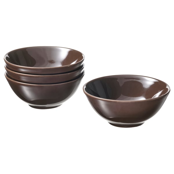 Four dark brown, round, ceramic bowls stacked neatly, two separate on right.
