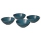 Four dark blue FÄRGKLAR stoneware bowls, identical in design, arranged in a square formation.