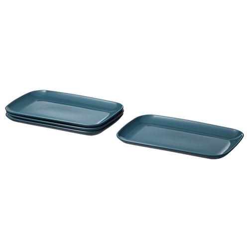 Four FÄRGKLAR dark blue stoneware plates, two stacked and two flat, rectangular shape with smooth design.