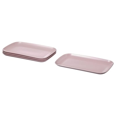 Four pink FÄRGKLAR stoneware plates, two stacked and two separate, rectangular shape, simple design.