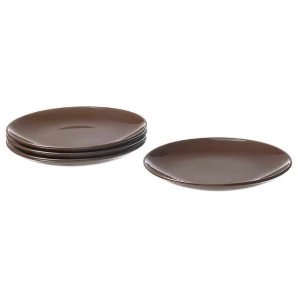 Stack of four rust-colored stoneware plates, simple design for versatile use.