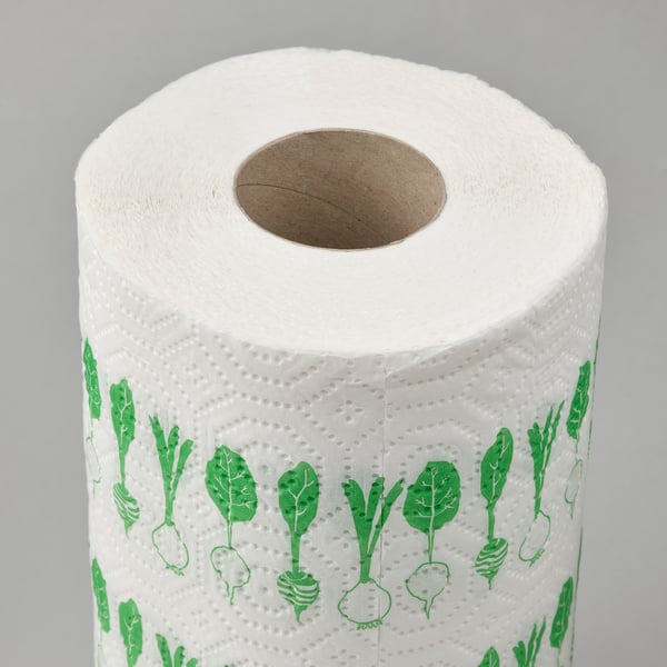 Roll of kitchen paper with green veggie pattern, strong and absorbent.