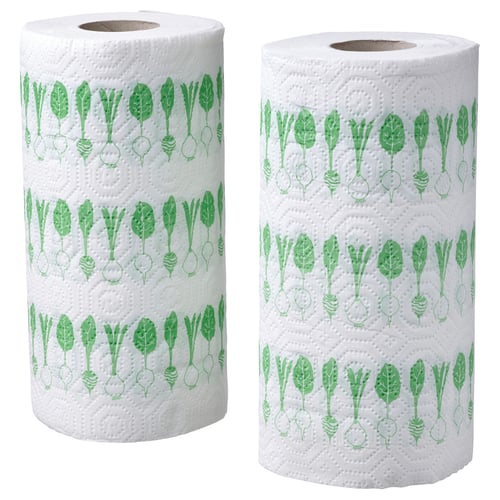 Two rolls of white FAMILJ paper towels with green veggie designs, cylindrical shape, made of recycled paper.