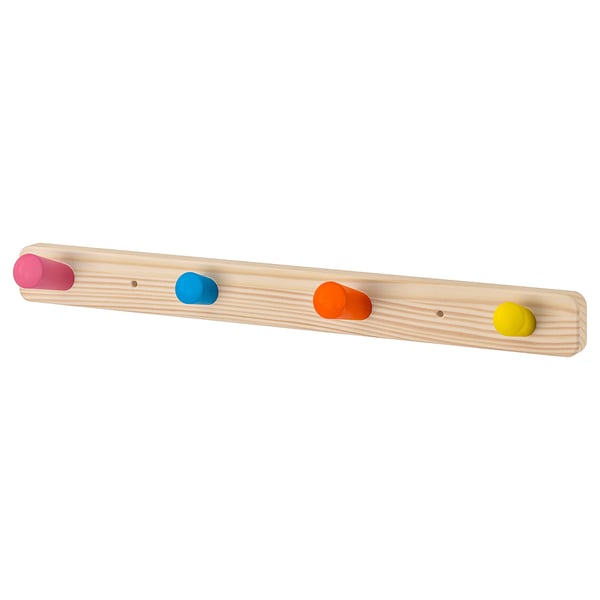 FLISAT: wooden coat rack with pink, blue, orange, yellow cone-shaped knobs. Bright colours and solid wood construction.