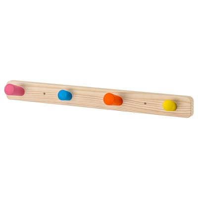 FLISAT: wooden coat rack with pink, blue, orange, yellow cone-shaped knobs. Bright colours and solid wood construction.