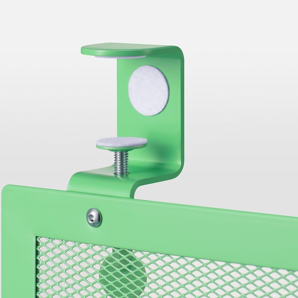 Green desk organiser clamped tightly, showcasing sturdy metal construction, felt pads for grip, and quality screws.