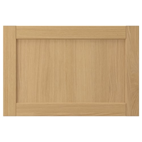 Forsbaca kitchen drawer in warm oak wood veneer, rectangular shape with bevelled edges, classic design.
