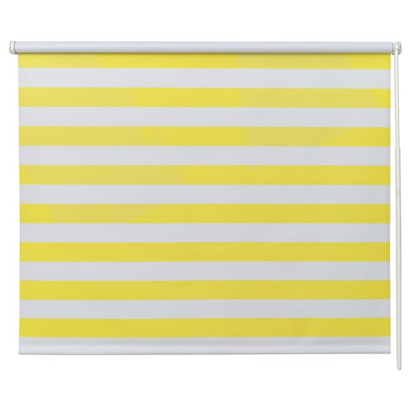 Yellow/white striped FRIDANS roller blind, made from recycled polyester, horizontal stripes.