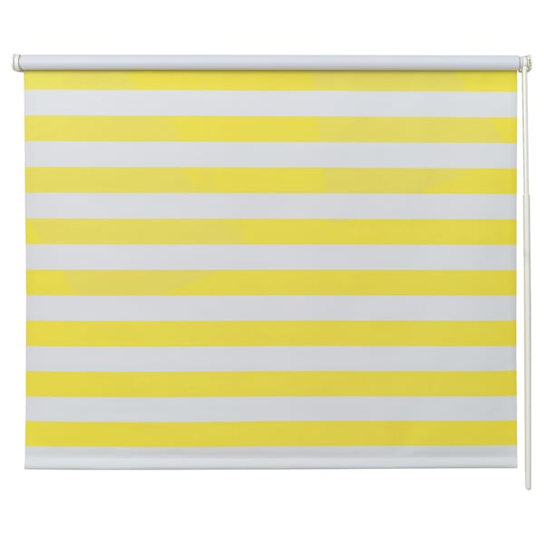 FRIDANS roller blind: zesty yellow and white stripes. Cordless design, blocks light. Recycled polyester fabric, safe and functional.