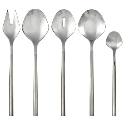 Five stainless-steel serving utensils: fork, two spoons, and two serving ladles, sleek and modern design. Part of the FRÖJDA collection.