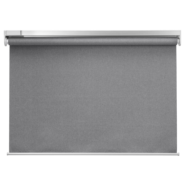 FYRTUR dark grey roller blind, made of recycled polyester, cordless design for safety, controlled by remote or app.