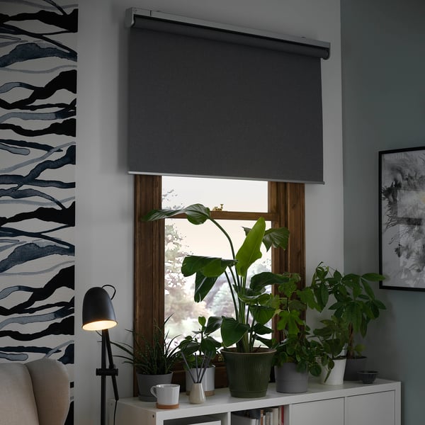 Modern living room with FYRTUR black roller blind covering a window, surrounded by plants on a shelf, and black floor lamp.