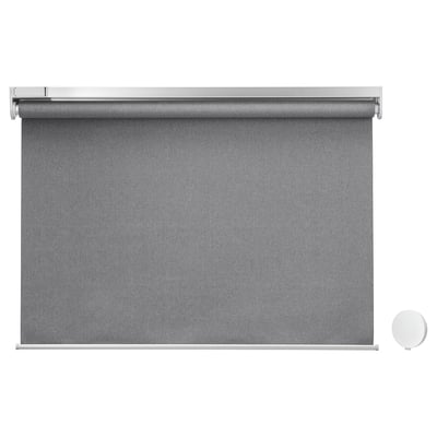 FYRTUR grey block-out roller blind with aluminium rails and child-safe cordless design.