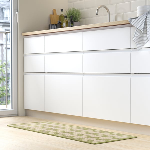 GÅNGSTIG kitchen mat, green, rectangular, fits under sink, adds softness.
