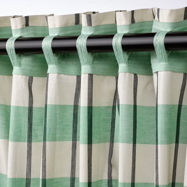 Plaid curtains with green, white, black stripes hang, easy to open and close, philtre light, provide privacy.