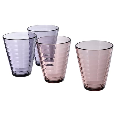 Four purple, diamond-patterned tempered glass cups, neatly arranged in a row, showcasing a stylish and coloured table setting.