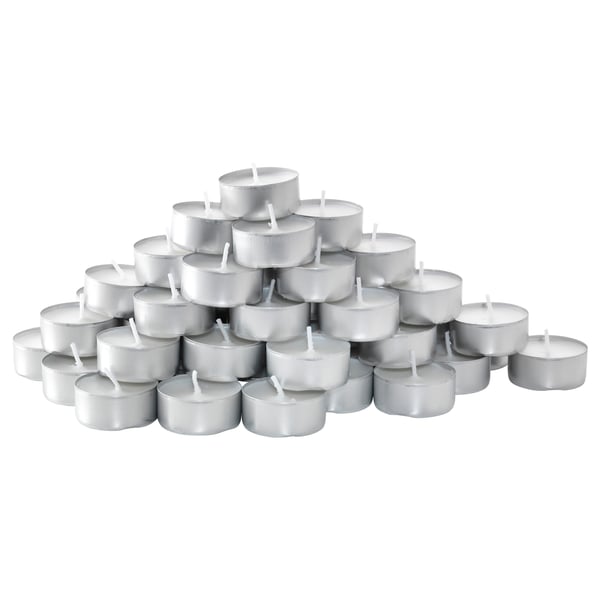 A pile of 36 silver tealight candles, stacked in a pyramid. Each is in aluminium cup, ready for use.