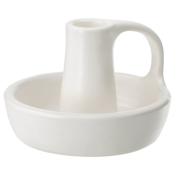 A white GODTAGBAR candlestick with a handle and base, made of stoneware.