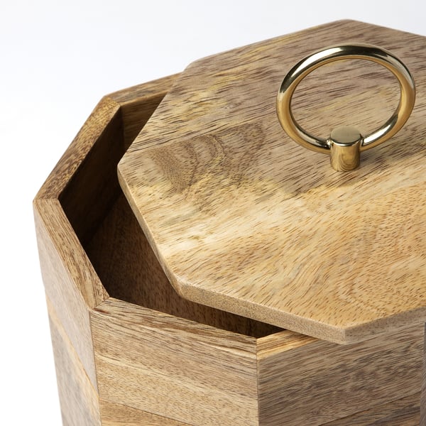 Wooden box with octagonal design, gold metal handle. Shows high-quality craftsmanship with smooth finish and secure lid.