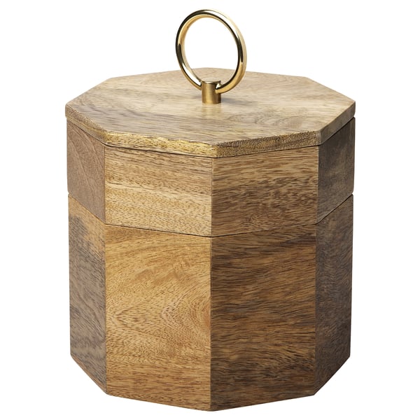 GOKVÄLLÅ container, octagonal wooden jar with gold ring handle, holds snacks or jewellery.