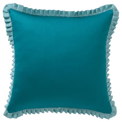Square turquoise cushion with ruffled edges and zip closure.