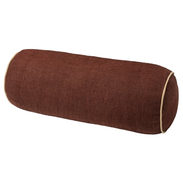 Cylindrical cushion, brown with jute texture, neat piping, ideal for sofa/bed, supportive and decorative.