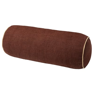 Cylindrical cushion, brown with jute texture, neat piping, ideal for sofa/bed, supportive and decorative.
