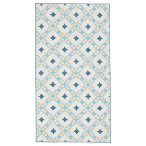 Gokvålå rug: blue geometric print on cream, rectangular, soft, polypropylene & polyester.