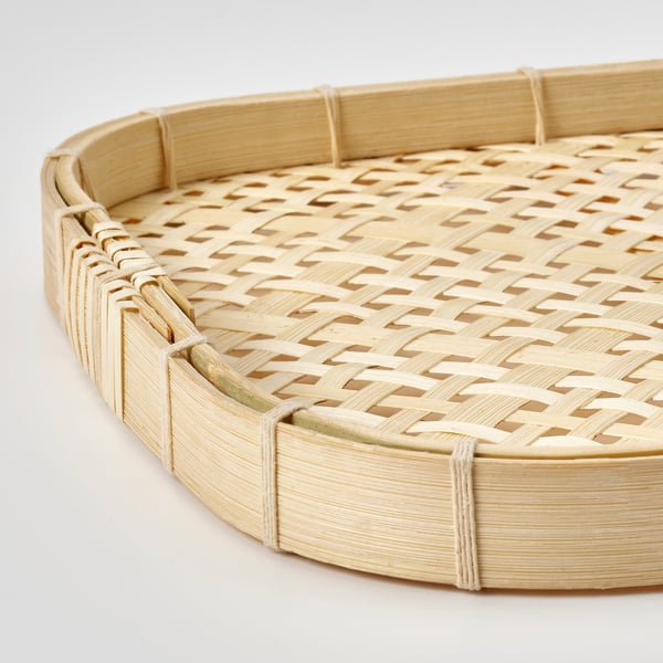 Woven bamboo tray, intricate diagonal pattern, sturdy edges, natural finish, handmade quality.