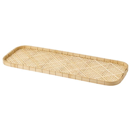 Handcrafted bamboo tray, rectangular with diagonal pattern, natural brown, elegant storage.