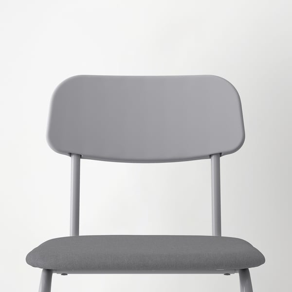 Modern light grey office chair with upholstered seat and back, sleek metal legs.
