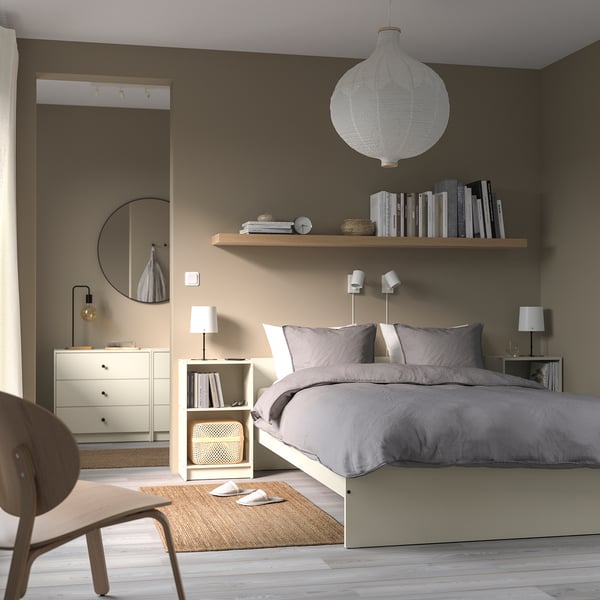 GURSKEN bed in grey, minimal design, fits neatly with matching furniture, offers plenty of under-bed storage, sleek and modern style.
