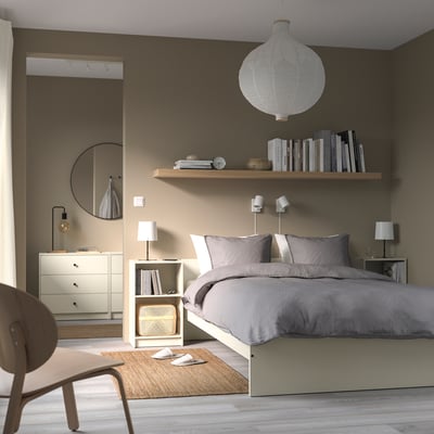 GURSKEN bed in grey, minimal design, fits neatly with matching furniture, offers plenty of under-bed storage, sleek and modern style.