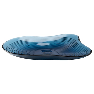 HÄCKPOPPEL glass bowl, blue, fluid shape, rippled design, decorative or functional.
