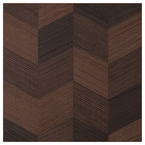 HASSLARP: brown herringbone-patterned wooden kitchen cabinet with intricate diagonal cuts.