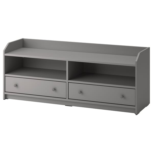 A grey HAUGA tv bench with two drawers and open shelves.