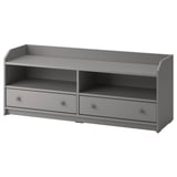A grey HAUGA tv bench with two drawers and open shelves.