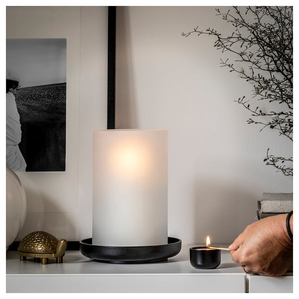 Modern candle holder, HEDERVÄRD, black & frosted glass. Round, rustic design. Creates cosy atmosphere.